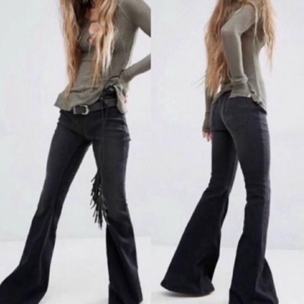 Free People Pull on Kick Flare Bell Bottom Jeans in Carbon